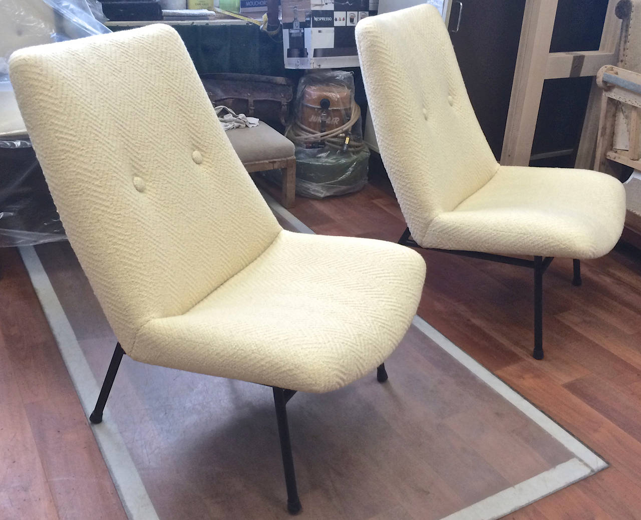 Lacquered Pierre Guariche Pair of Armchairs, Model SK660, Newly Covered in Chevron Alpaca For Sale