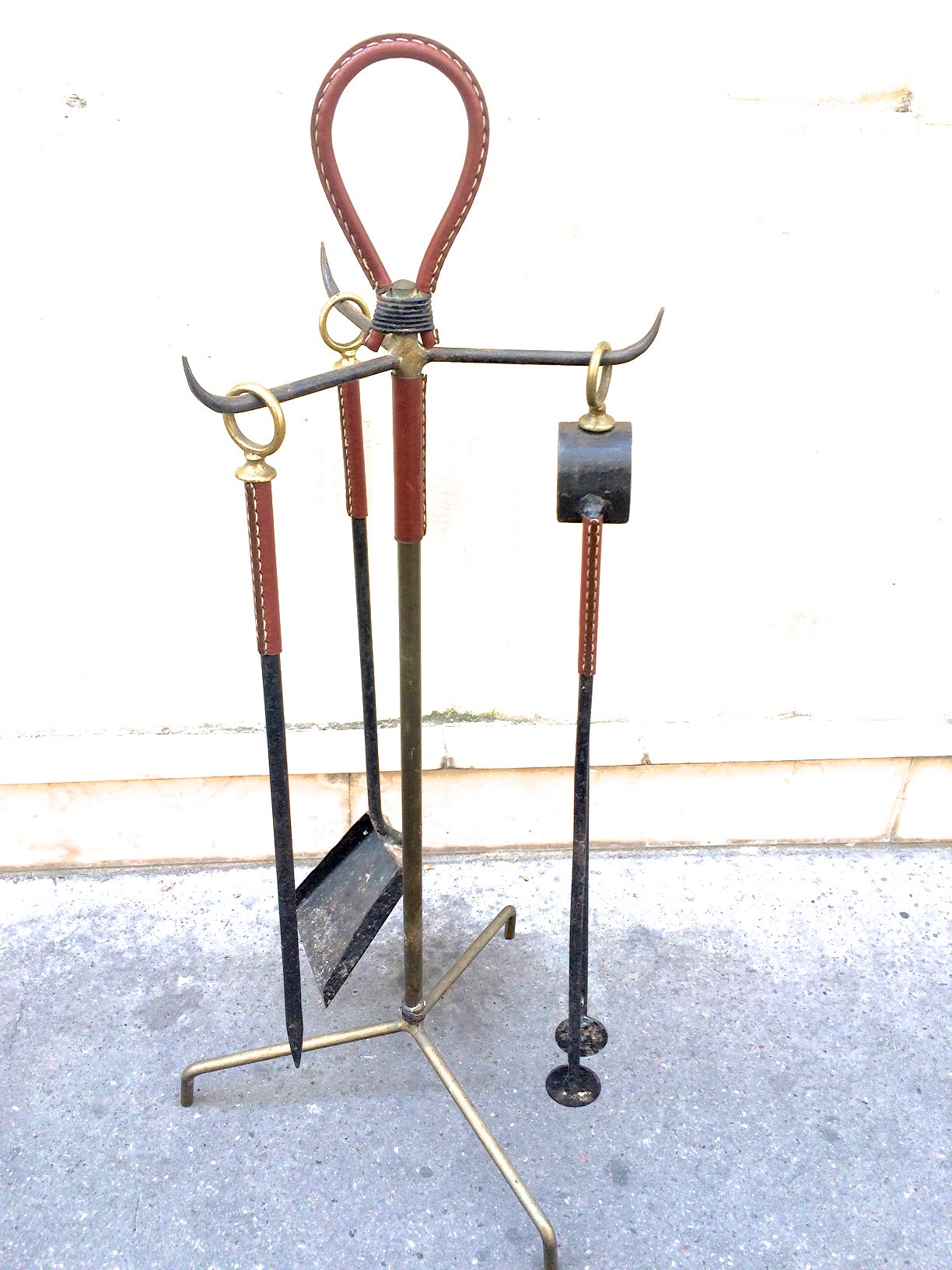 Jacques Adnet Vintage Fire Tools in Hand-Stitched Leather and Wrought Iron 2