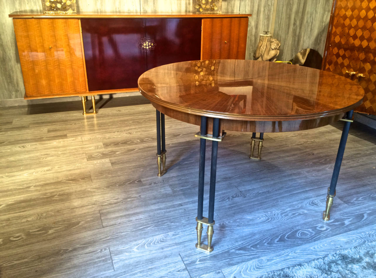 Walnut Jules Leleu Documented, 1950s, Design Round Extendable Dining Table For Sale