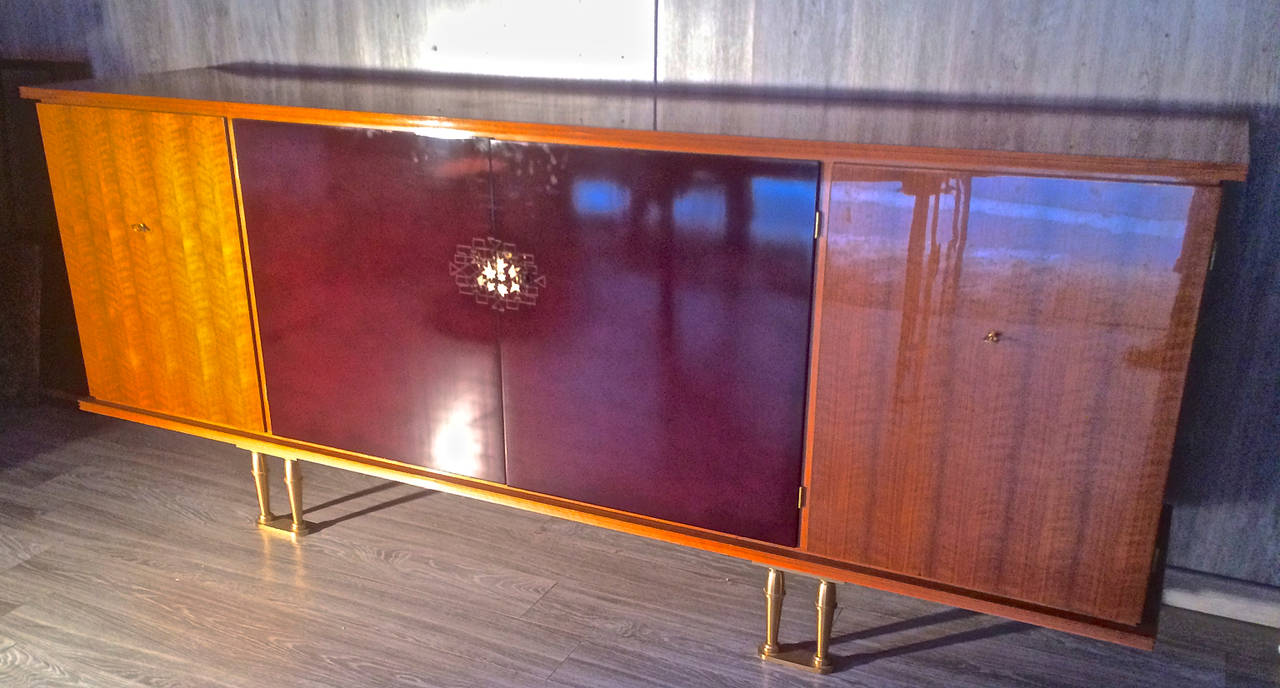 Mid-Century Modern Jules Leleu 1950s Buffet with Four Doors in Red Lacquer by Sain et Tambute For Sale