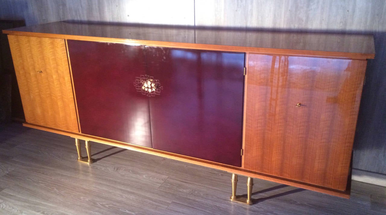 Jules Leleu 1950s Buffet with Four Doors in Red Lacquer by Sain et Tambute For Sale 3