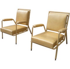 Rare Pair of Hand Stitched Leather Arm Chairs by Jules Leleu