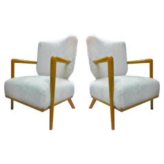 Jean Royere Genuise Model Ecusson Pair Of Oak And Faux Fur Lounge Chairs