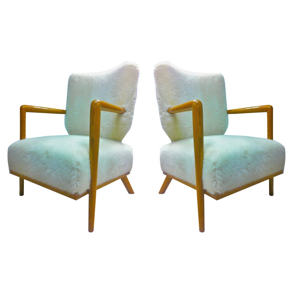 Jean Royere Genuise Model Ecusson Pair Of Oak And Faux Fur Lounge Chairs