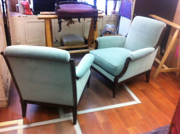 Jean Michel Frank attributed pair of lounge chairs extremely comfortable with solid mahogany frame,newly french polished
and newly reupholstered in light grey blue velvet