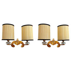 Jules Leleu Signed, Superb Quality Pair of Sconces in Gold Bronze and Crystal