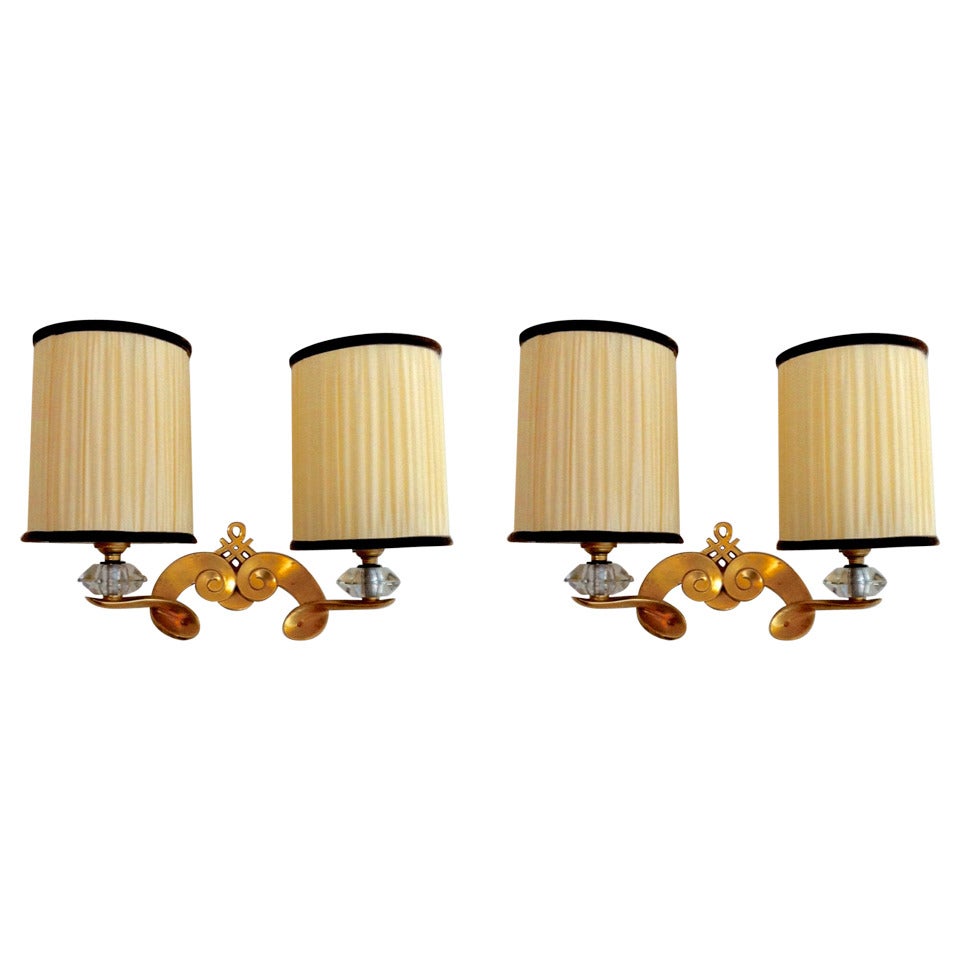 Jules Leleu Signed, Superb Quality Pair of Sconces in Gold Bronze and Crystal