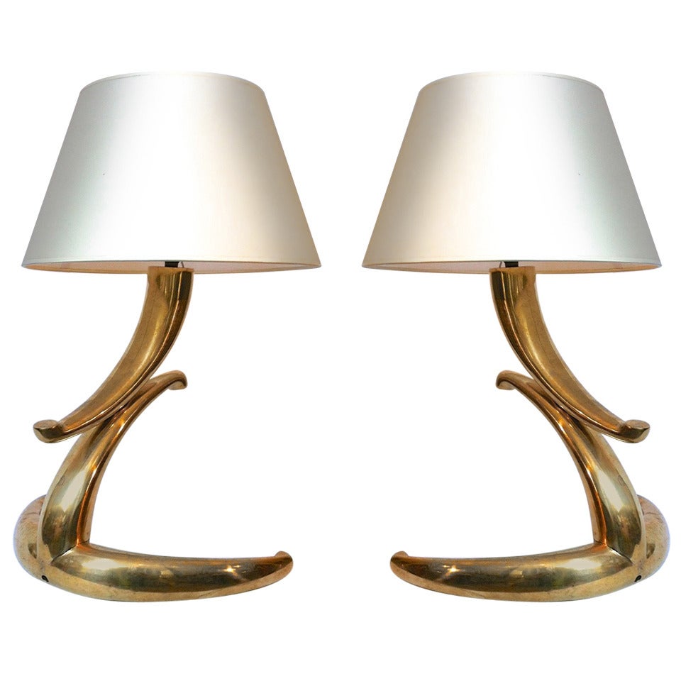 Pair of Solid Gold and Bronze French Lamps For Sale