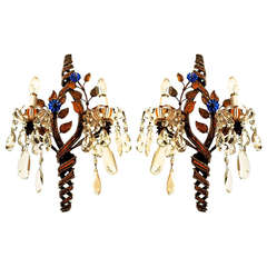 Banci Firenze Pair of Gold, Gilded Iron and Crystal Sconces