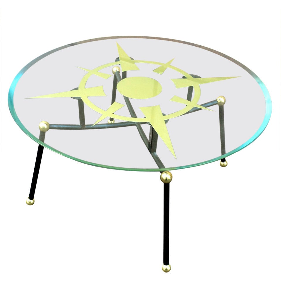 Spectacular Atomic Coffee Table with a Compass Rose Engraved Glass Top For Sale