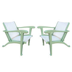 Rare Art Deco Pair of Garden Lounge Chairs in Pale Green Lacquer Color