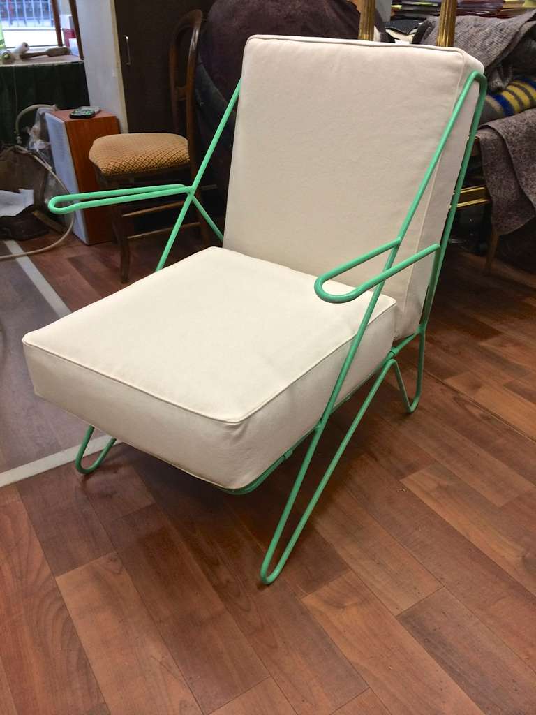 Mid-Century Modern Raoul Guys Rarest Pair of Aqua Metal Chairs Newly Recovered in Canvas Cloth For Sale