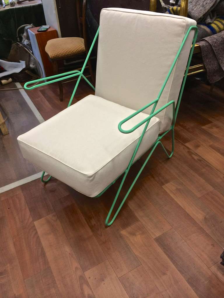 Raoul Guys Rarest Pair of Aqua Metal Chairs Newly Recovered in Canvas Cloth For Sale 4