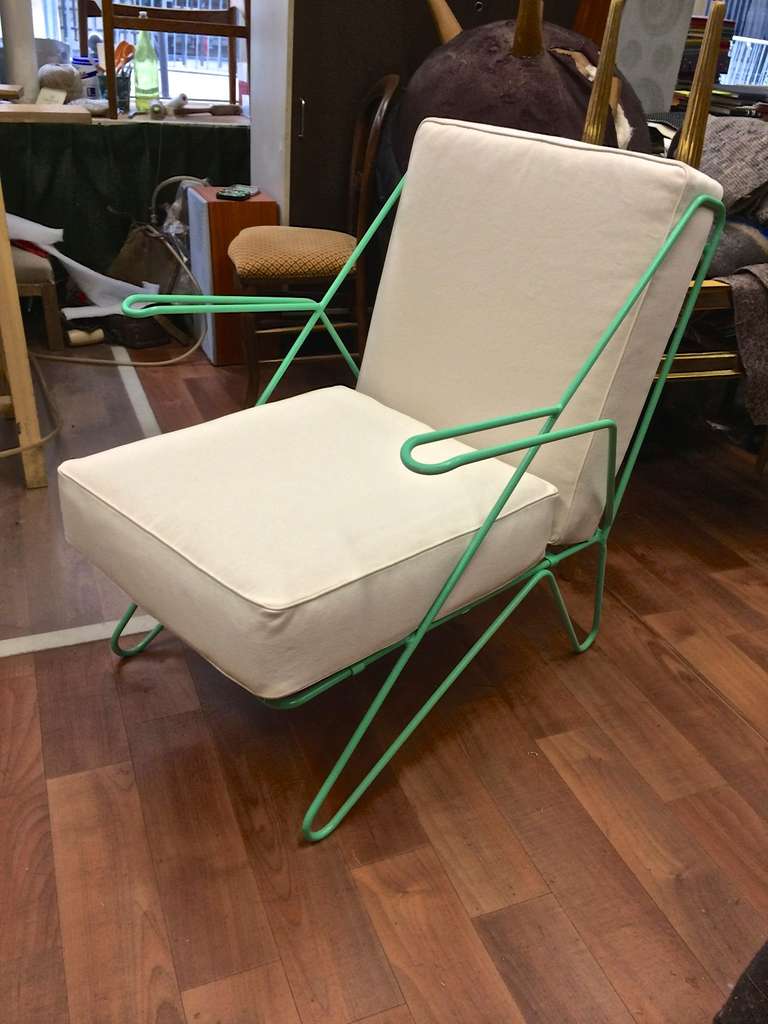 Mid-20th Century Raoul Guys Rarest Pair of Aqua Metal Chairs Newly Recovered in Canvas Cloth For Sale