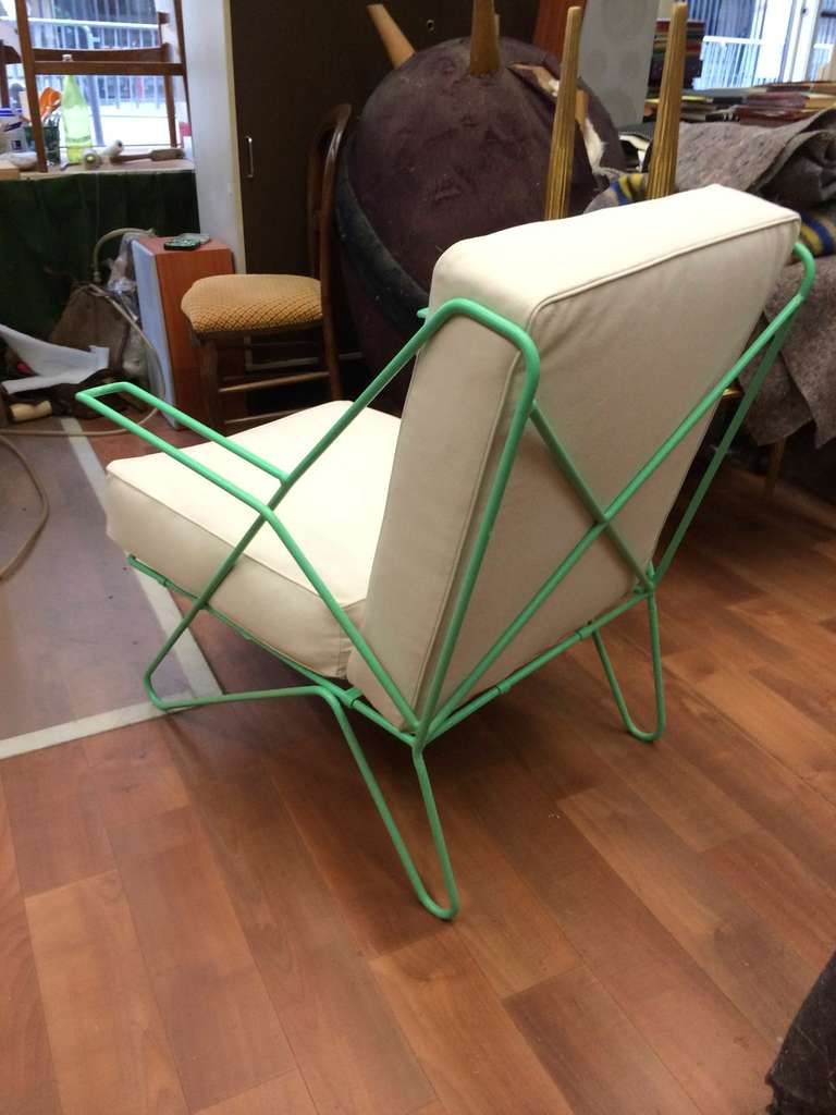 Raoul Guys Rarest Pair of Aqua Metal Chairs Newly Recovered in Canvas Cloth For Sale 3