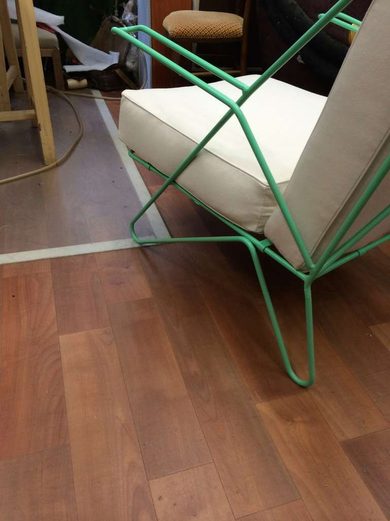 Raoul Guys Rarest Pair of Aqua Metal Chairs Newly Recovered in Canvas Cloth For Sale 1