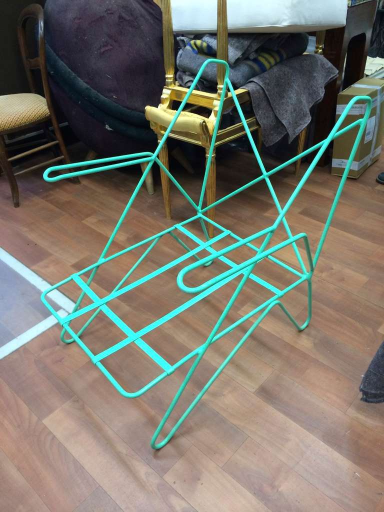 Raoul Guys Rarest Pair of Aqua Metal Chairs Newly Recovered in Canvas Cloth For Sale 2