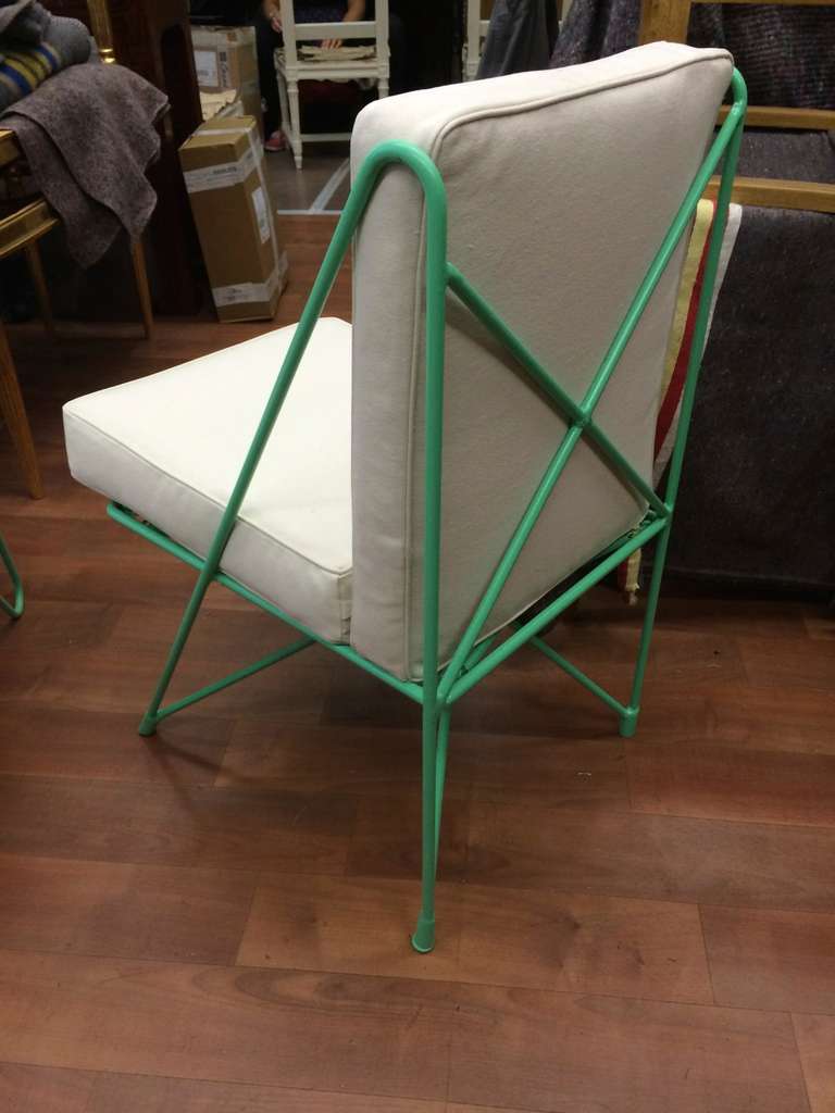 Raoul Guys Rare Set of Four Aqua Metal Chairs, Newly Recovered in Canvas Cloth For Sale 1