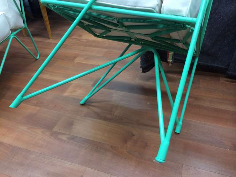 Raoul Guys Rare Set of Four Aqua Metal Chairs, Newly Recovered in Canvas Cloth For Sale 2