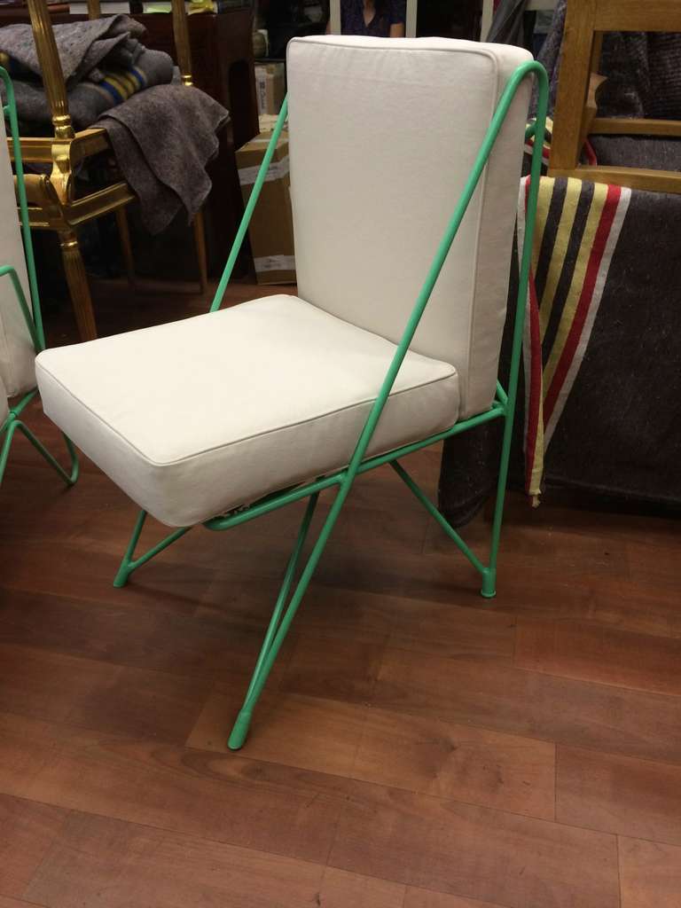 Mid-20th Century Raoul Guys Rare Set of Four Aqua Metal Chairs, Newly Recovered in Canvas Cloth For Sale