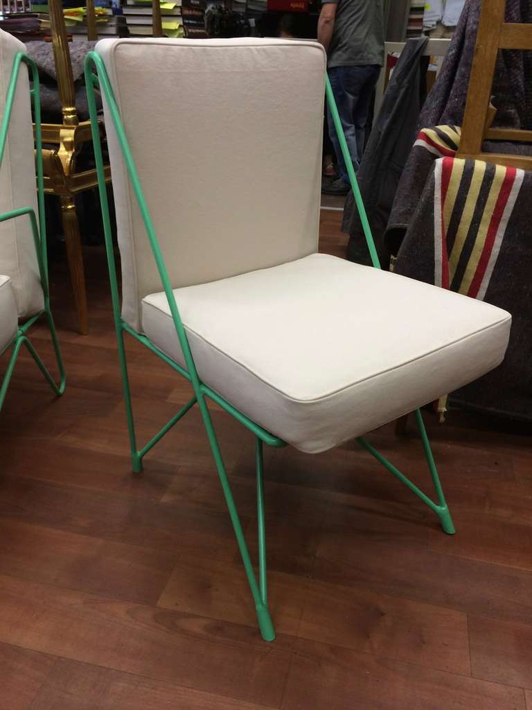 Raoul Guys Rare Set of Four Aqua Metal Chairs, Newly Recovered in Canvas Cloth For Sale 4