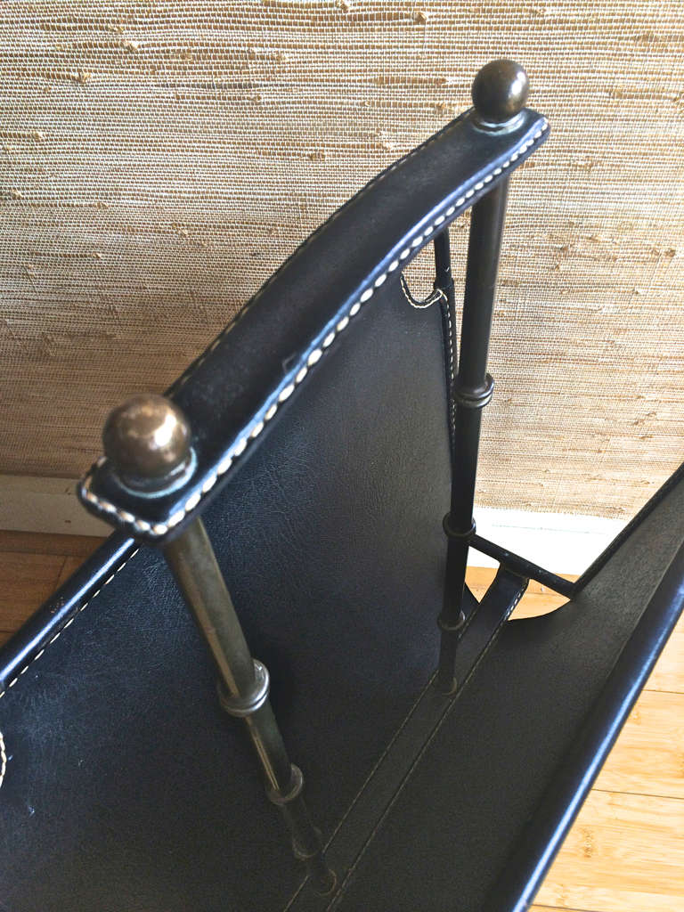 French Jacques Adnet 1950s Black Hand-Stitched Magazine Rack in Vintage Condition For Sale