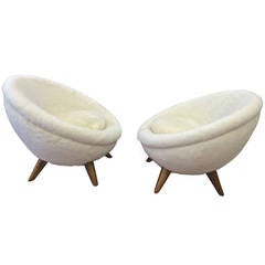 Jean Royère Documented Pair of Chairs, Model "Oeuf" in Wool Faux Fur