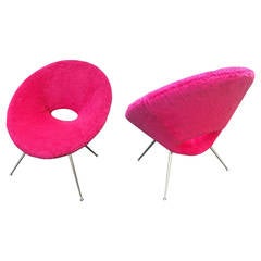 Pair of Pink Wool Faux Fur 1970s Flying Saucer Chairs