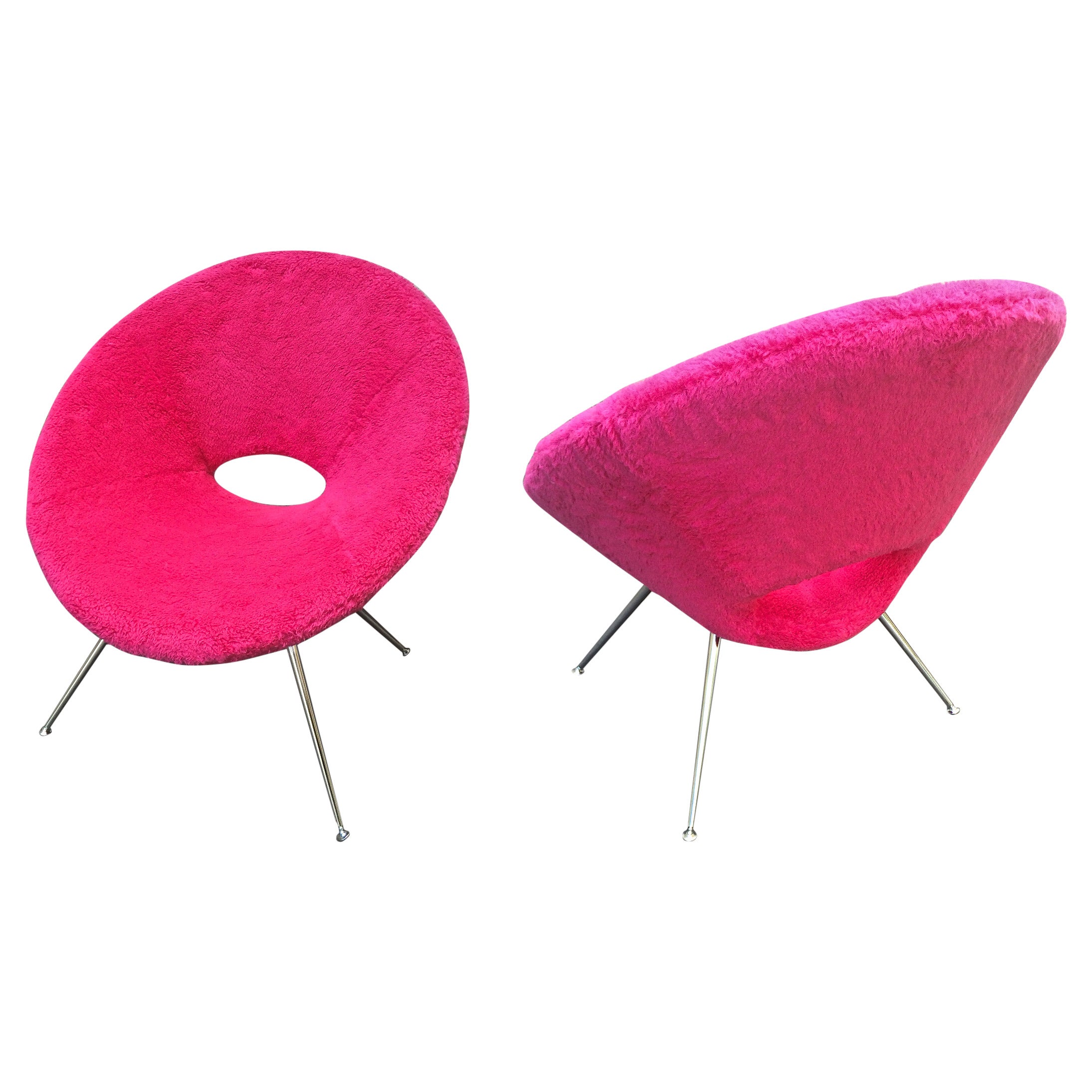 Pair of Pink Wool Faux Fur 1970s Flying Saucer Chairs For Sale