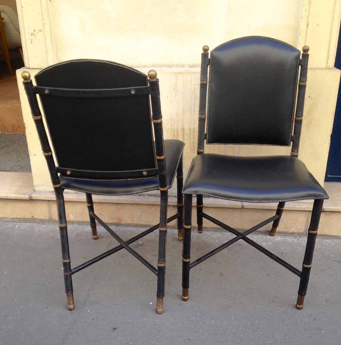 Jacques Adnet Rare Vintage Pair of Hand-Stitched Black Leather Chairs For Sale 4