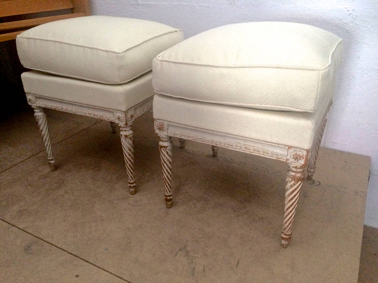 Maison Carlhian pair of stools newly covered in linen cloth.