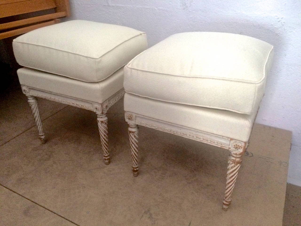 Neoclassical Maison Carlhian Pair of Stools Newly Covered in Linen Cloth For Sale