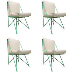 Raoul Guys Rare Set of Four Aqua Metal Chairs, Newly Recovered in Canvas Cloth 4