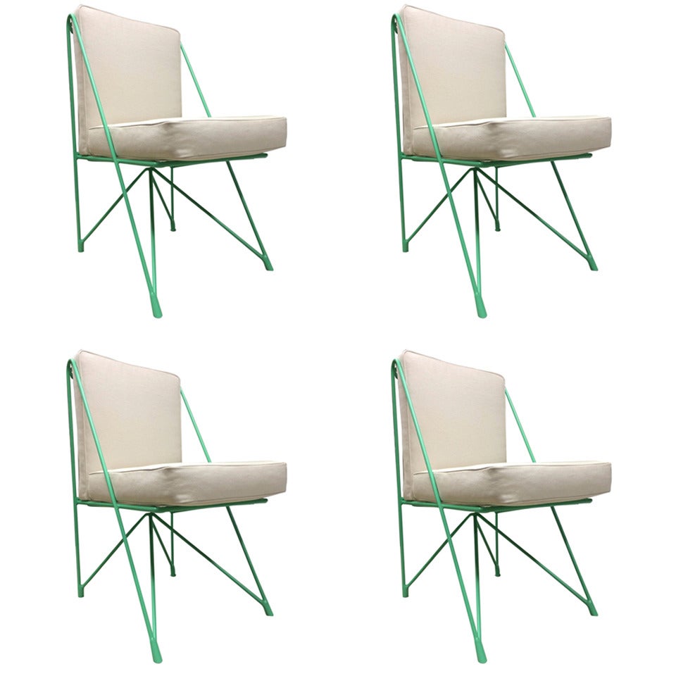 Raoul Guys Rare Set of Four Aqua Metal Chairs, Newly Recovered in Canvas Cloth For Sale