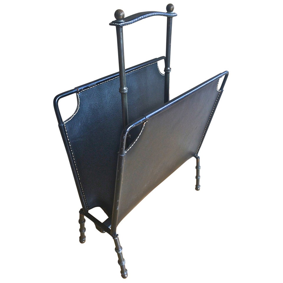 Jacques Adnet 1950s Black Hand-Stitched Magazine Rack in Vintage Condition For Sale
