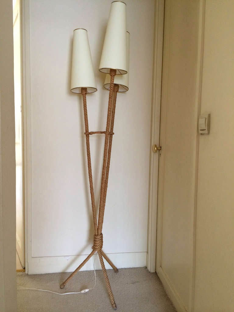Mid-Century Modern Charming Tri-Pod Rope, Standing Lamps in Good Vintage Condition For Sale