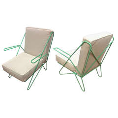 Raoul Guys Rarest Pair of Aqua Metal Chairs Newly Recovered in Canvas Cloth
