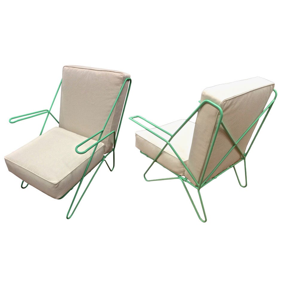 Raoul Guys Rarest Pair of Aqua Metal Chairs Newly Recovered in Canvas Cloth For Sale