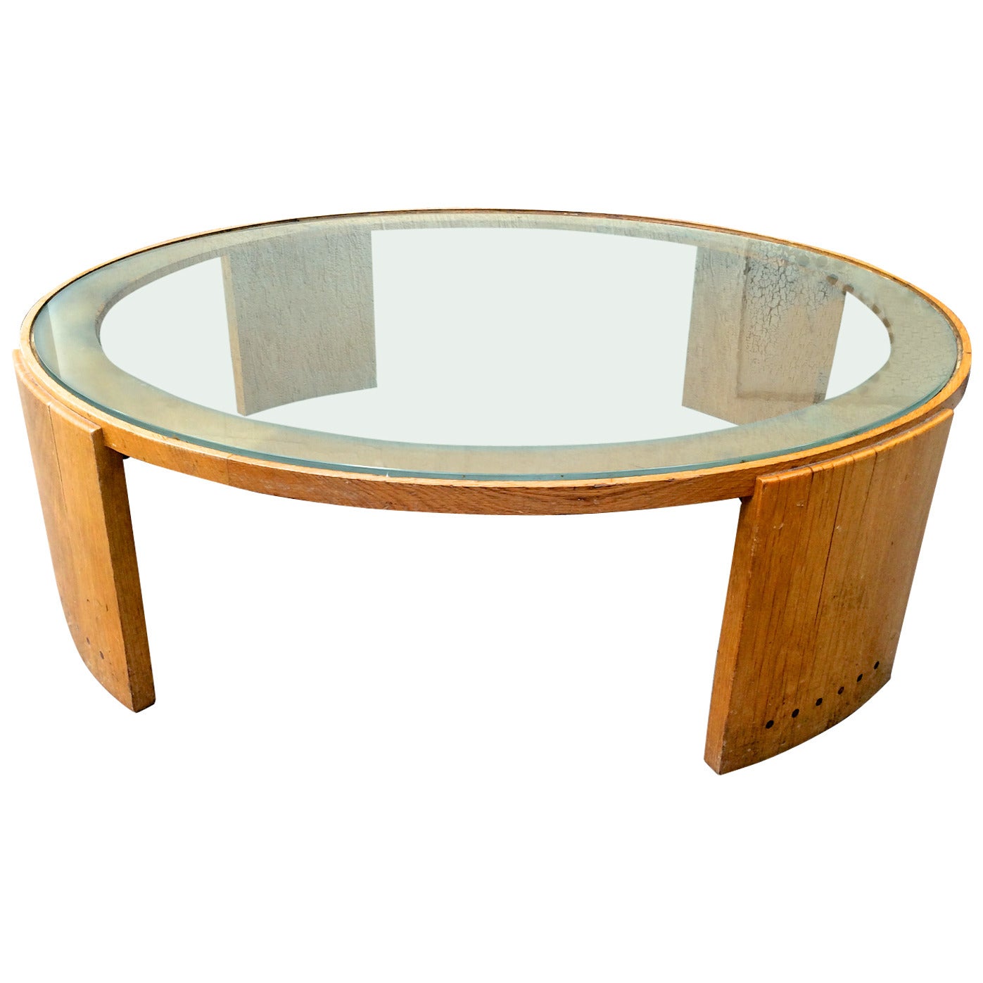 Jacques Adnet Very Large Round Coffee Table in Oak and Glass Top For Sale