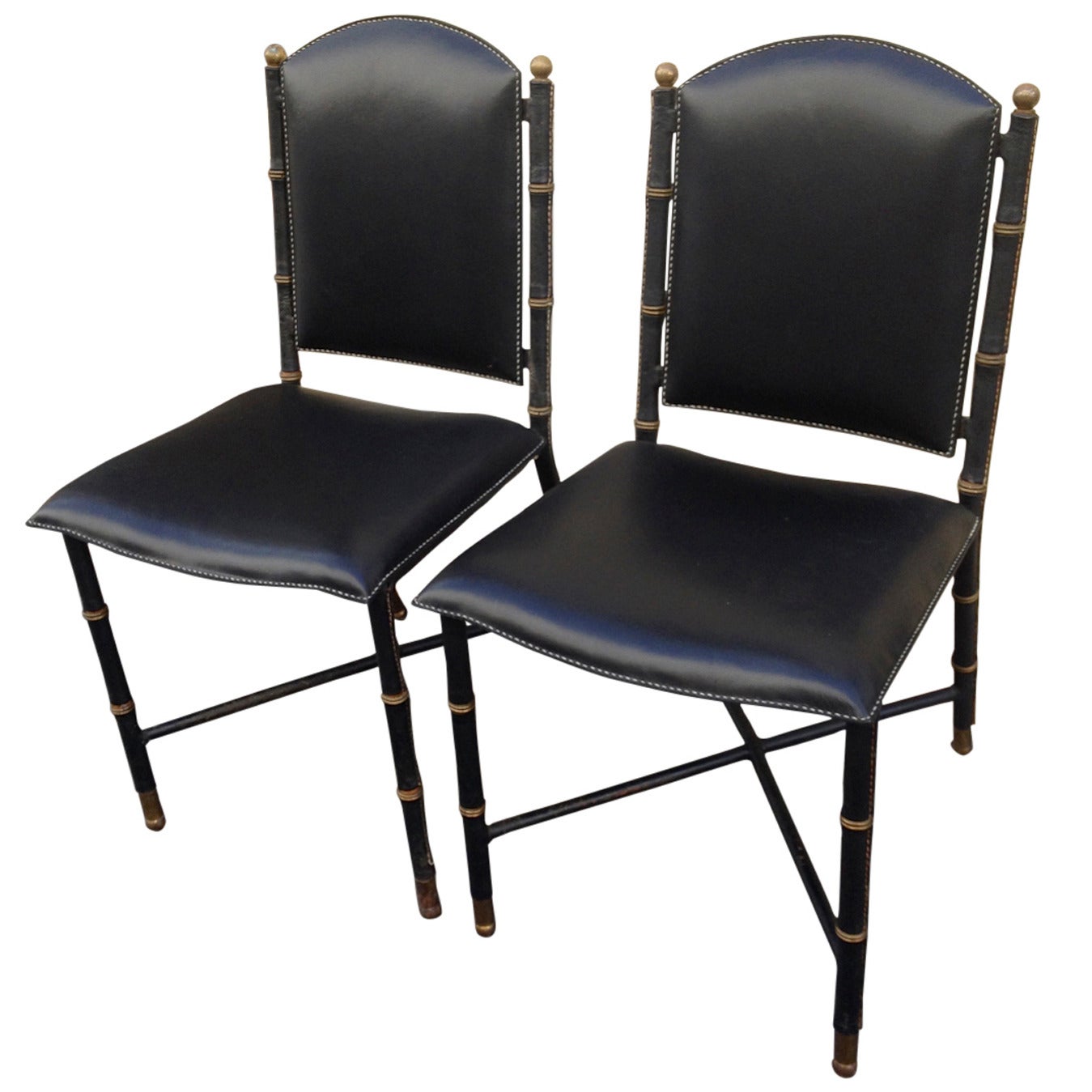 Jacques Adnet Rare Vintage Pair of Hand-Stitched Black Leather Chairs For Sale