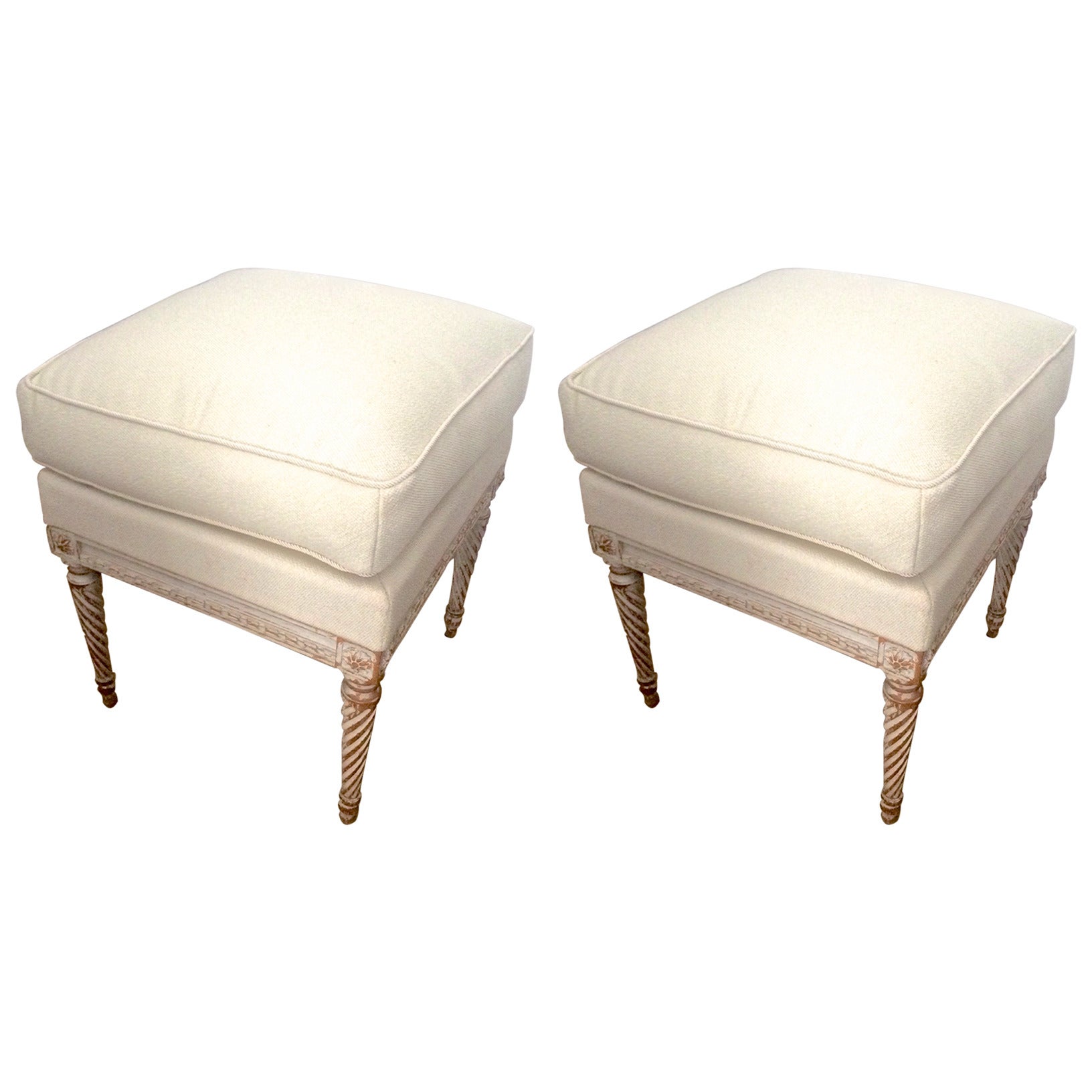 Maison Carlhian Pair of Stools Newly Covered in Linen Cloth For Sale