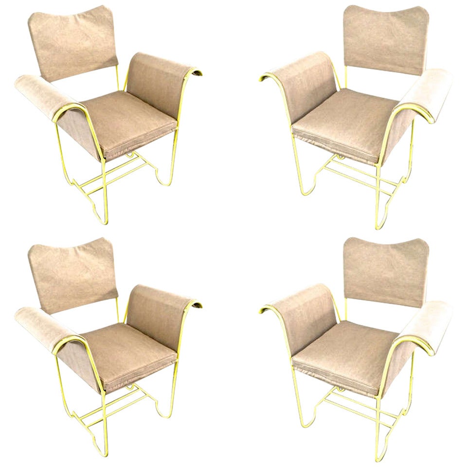 Mathieu Mategot Model "Tropiques, " Set of Four Chairs, Newly Covered in Canvas Cloth For Sale
