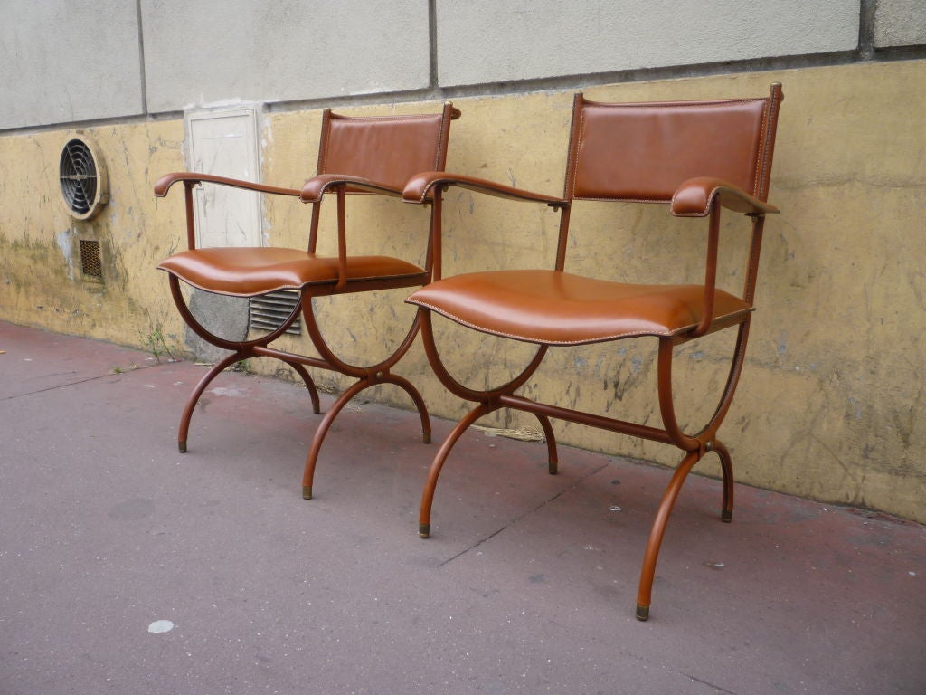 Mid-20th Century Jacques Adnet Pair of Armchairs in Hand-Stitched Brown Leather For Sale