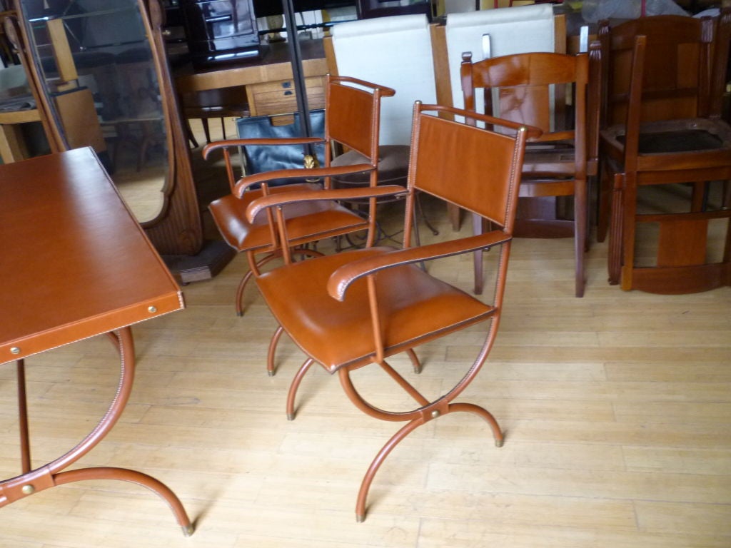 Jacques Adnet Pair of Armchairs in Hand-Stitched Brown Leather For Sale 1