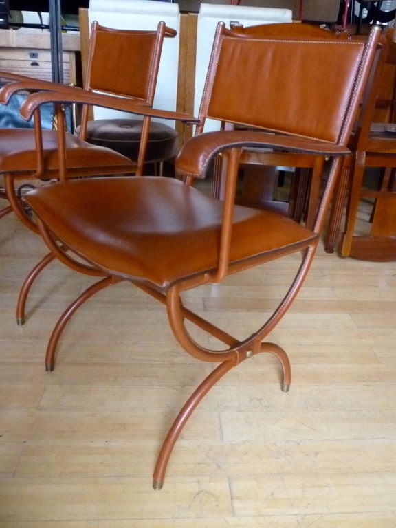 Jacques Adnet Pair of Armchairs in Hand-Stitched Brown Leather For Sale 3