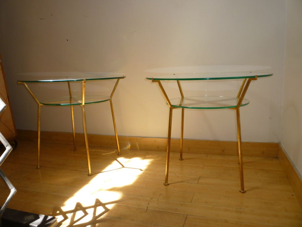 Andre Hayat Two-Tier Gilded Wrought Iron Glass Coffee Tables In Excellent Condition For Sale In Paris, ile de france