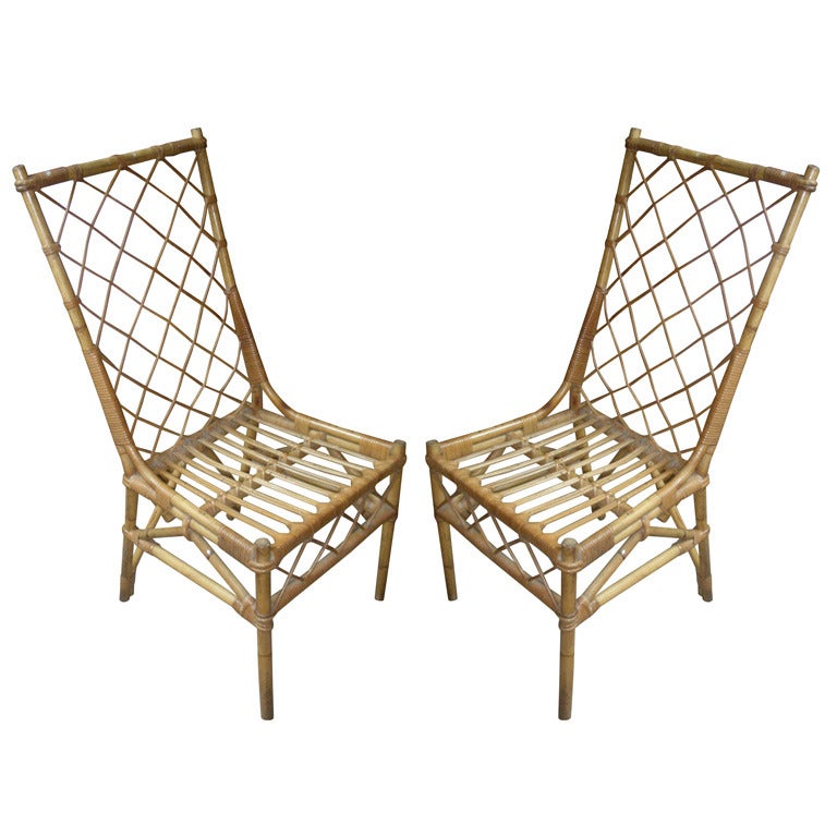 Louis Sognot Pair of Rattan Chair in Good Rattan Condition For Sale