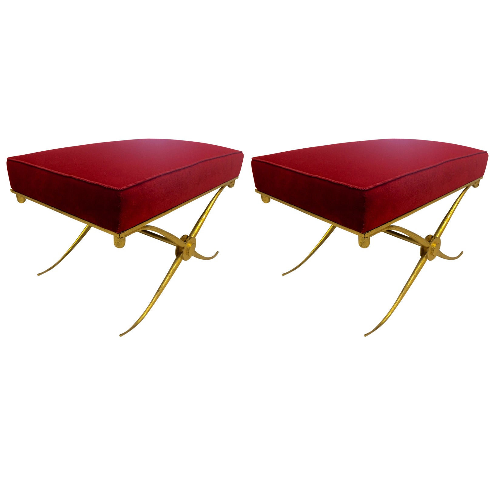 André Arbus Pair of Gold Leaf Wrought Iron X-Stools