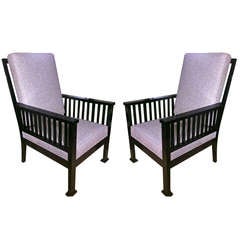 J.C. Moreux pair of neo classic arm-chairs newly upholstered in canvas cloth