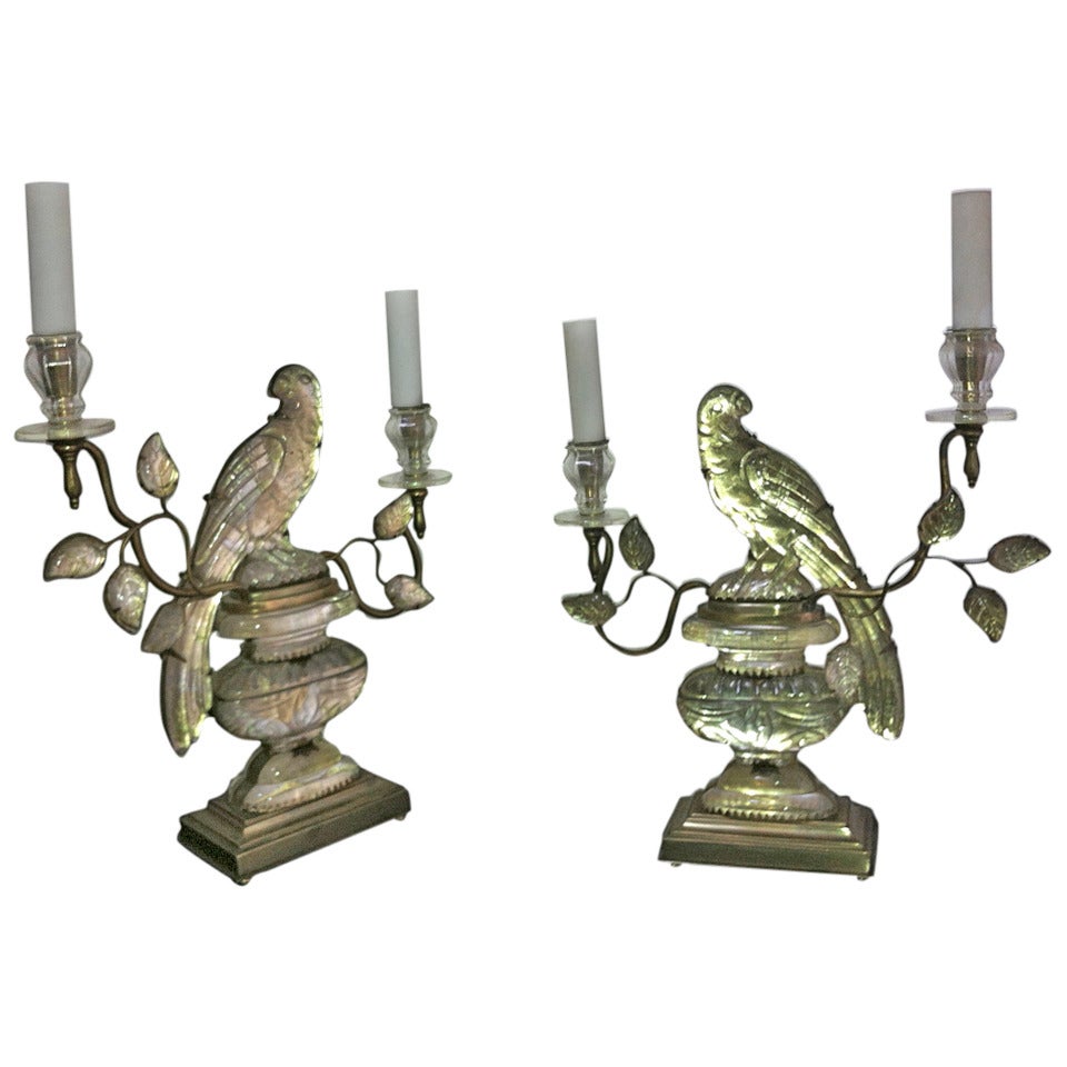 Maison Baguès Pair of "Parrot" Two-Light Lamps For Sale